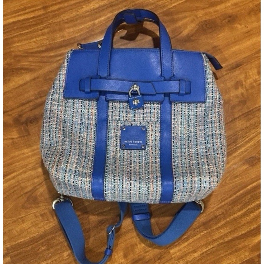HENRI BENDEL Large Blue Leather Tweed Jetsetter Convertible Backpack Bag Preppy